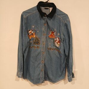 Bobbie Brooks Christmas Denim Button Up Shirt Women's L Grandmacore